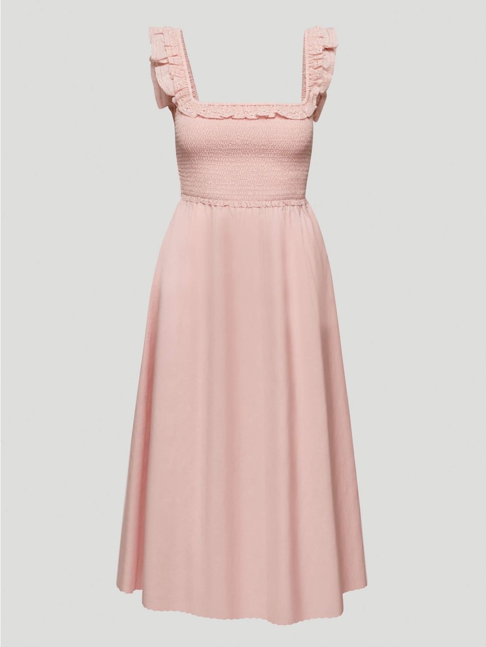 Aritzia Wilfred Reminisce Pink Ruffled Smocked Midi Dress